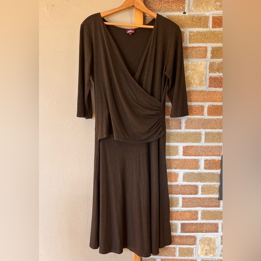 Salaam stretchy knit wrap dress brown midi 3/4 sleeves XL breastfeeding vneck